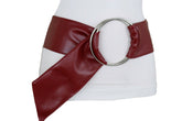 Cute Women Dark Red Wine Burgundy Wide Fabric Band Belt Silver Ring Buckle S M L